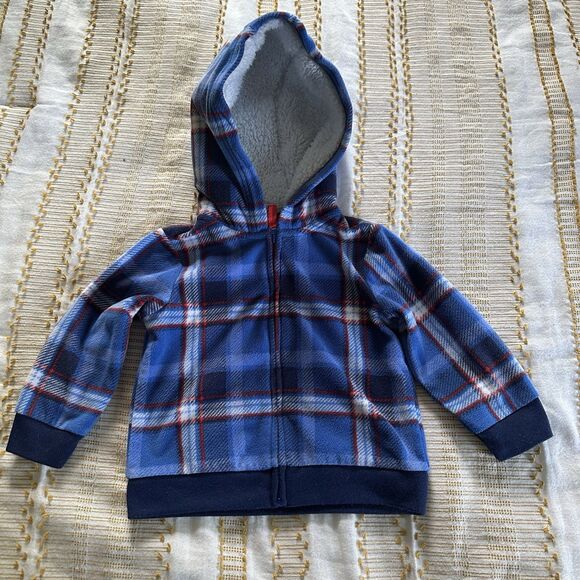 Carter’s Boy’s 18 Months Blue and Red Plaid Fleece Hooded Jacket - Picture 1 of 5